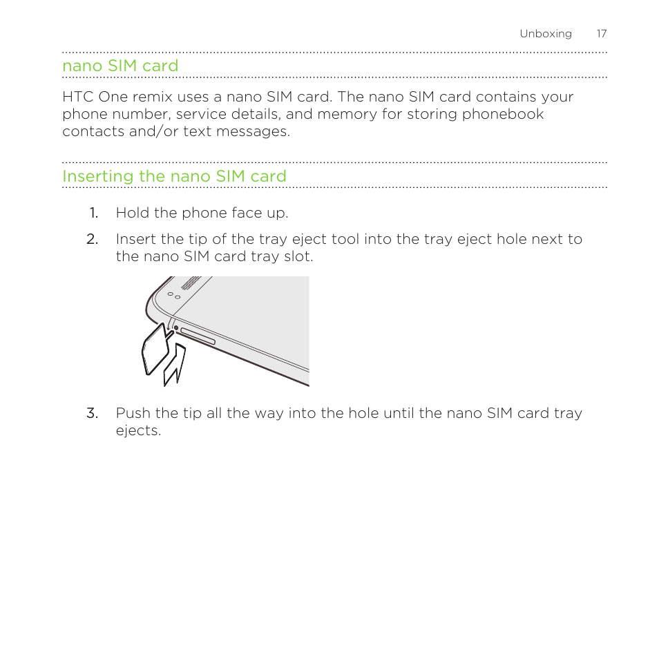 Nano sim card, Inserting the nano sim card | HTC One Remix User Manual | Page 17 / 285