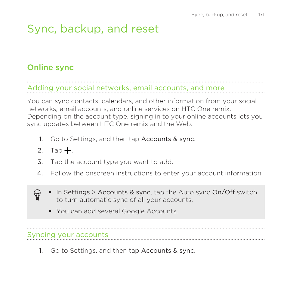 Sync, backup, and reset, Online sync, Syncing your accounts | HTC One Remix User Manual | Page 171 / 285