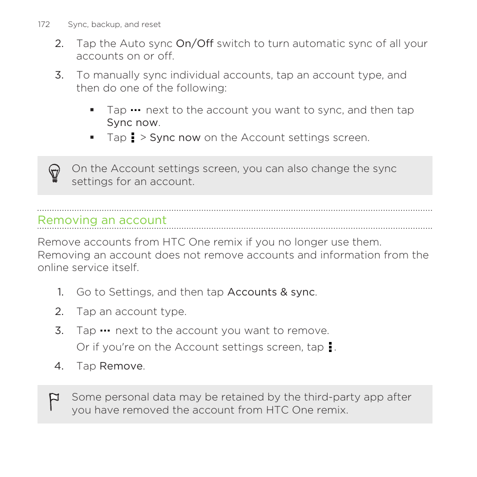 Removing an account | HTC One Remix User Manual | Page 172 / 285