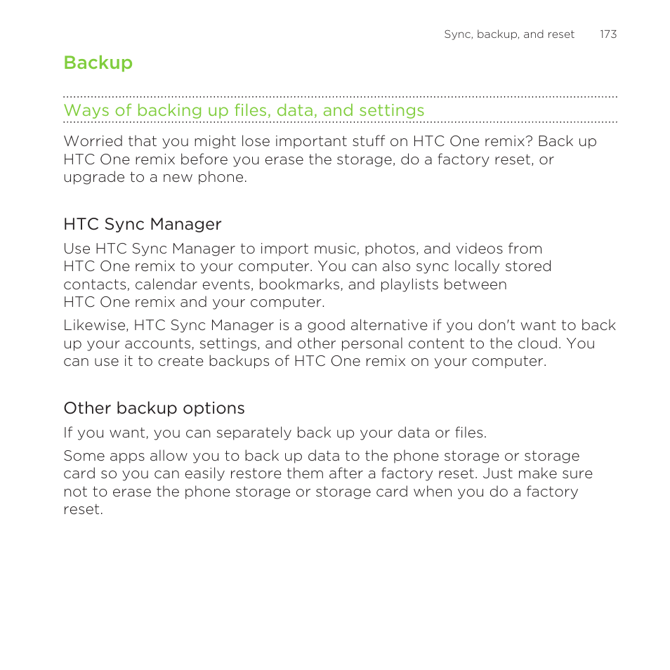 Backup, Ways of backing up files, data, and settings, Ways | Of backing up files, data, and settings | HTC One Remix User Manual | Page 173 / 285