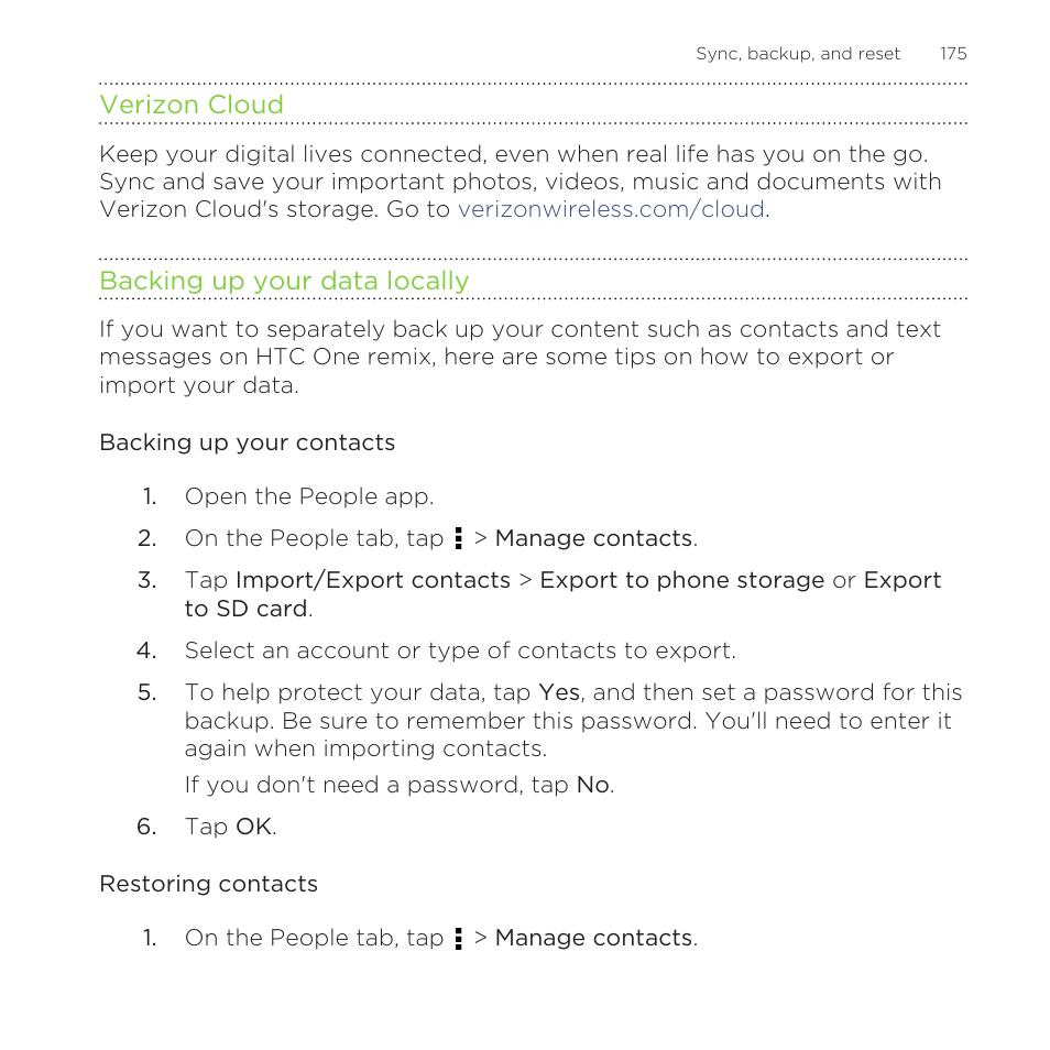 Verizon cloud, Backing up your data locally, Backing up your contacts | Restoring contacts | HTC One Remix User Manual | Page 175 / 285