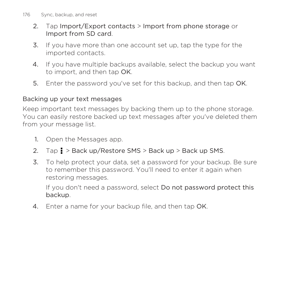 Backing up your text messages | HTC One Remix User Manual | Page 176 / 285