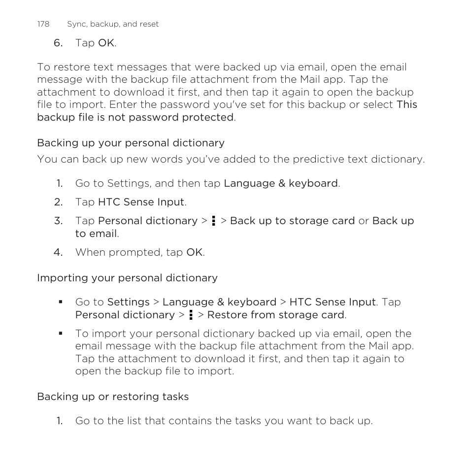 Backing up your personal dictionary, Importing your personal dictionary, Backing up or restoring tasks | HTC One Remix User Manual | Page 178 / 285