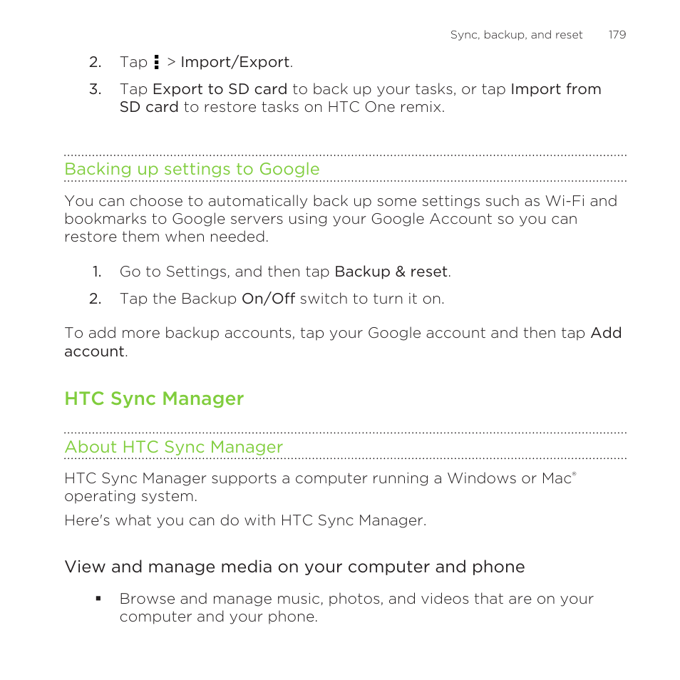 Backing up settings to google, Htc sync manager, About htc sync manager | HTC One Remix User Manual | Page 179 / 285