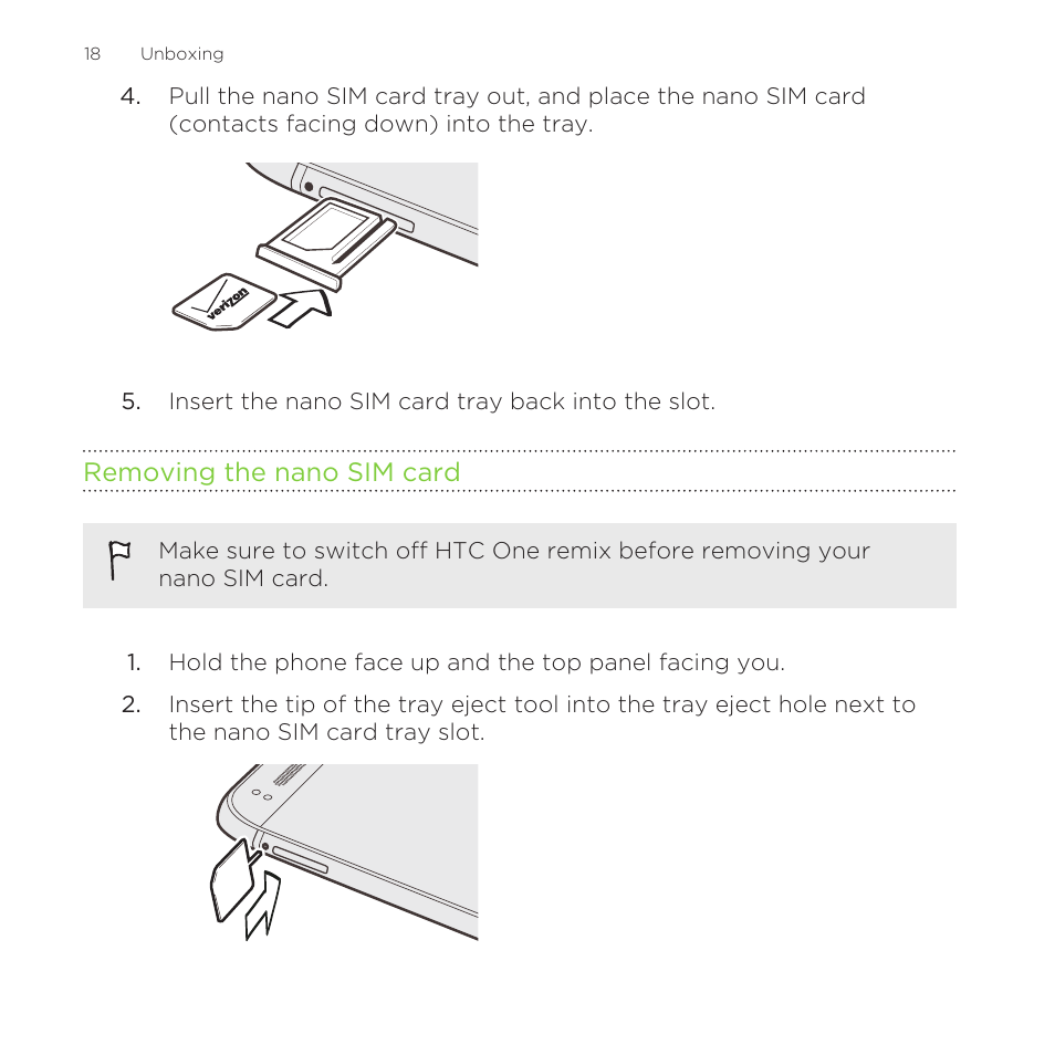 Removing the nano sim card | HTC One Remix User Manual | Page 18 / 285