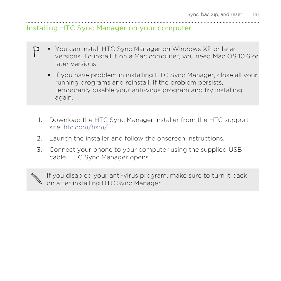 Installing htc sync manager on your computer | HTC One Remix User Manual | Page 181 / 285
