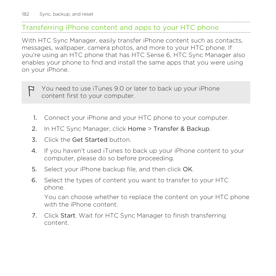 To find out how, see, Transferring iphone content and apps to your htc, Phone | HTC One Remix User Manual | Page 182 / 285