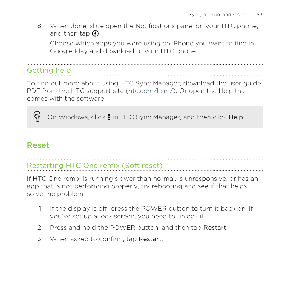 Getting help, Reset, Restarting htc one remix (soft reset) | HTC One Remix User Manual | Page 183 / 285