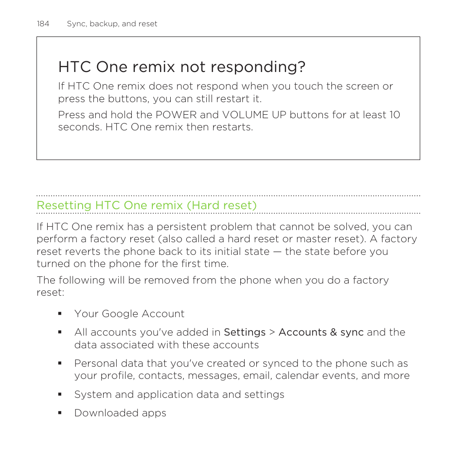Htc one remix not responding, Resetting htc one remix (hard reset) | HTC One Remix User Manual | Page 184 / 285