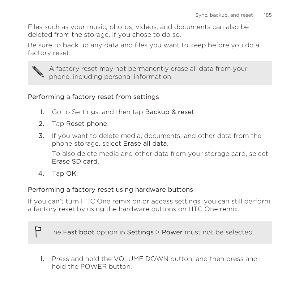 Performing a factory reset from settings, Performing a factory reset using hardware buttons | HTC One Remix User Manual | Page 185 / 285