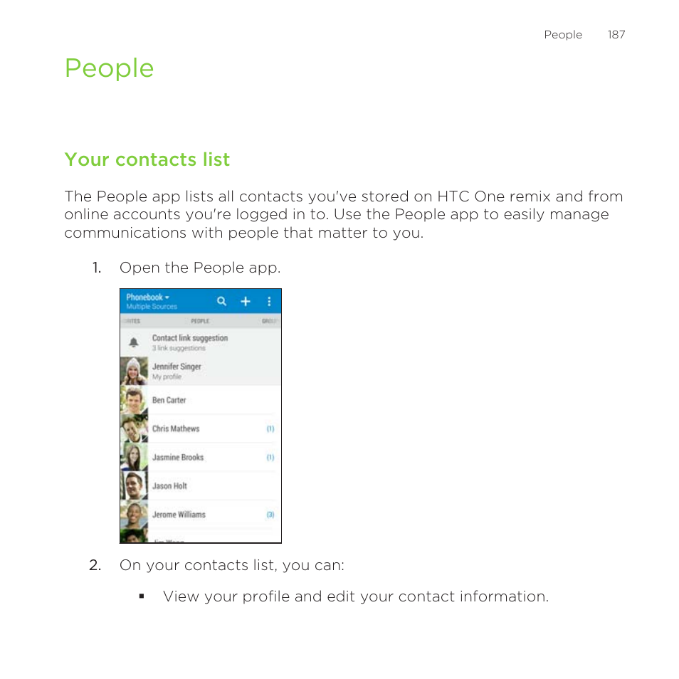 People, Your contacts list | HTC One Remix User Manual | Page 187 / 285