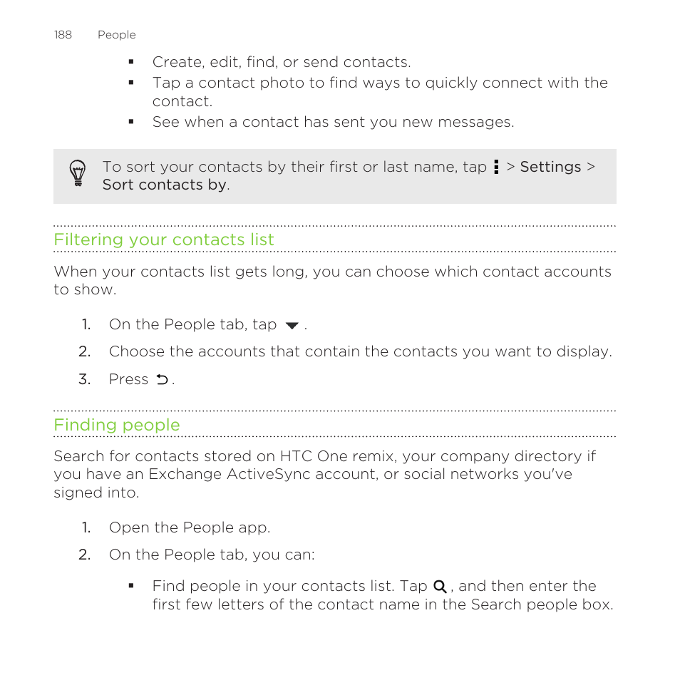 Filtering your contacts list, Finding people | HTC One Remix User Manual | Page 188 / 285