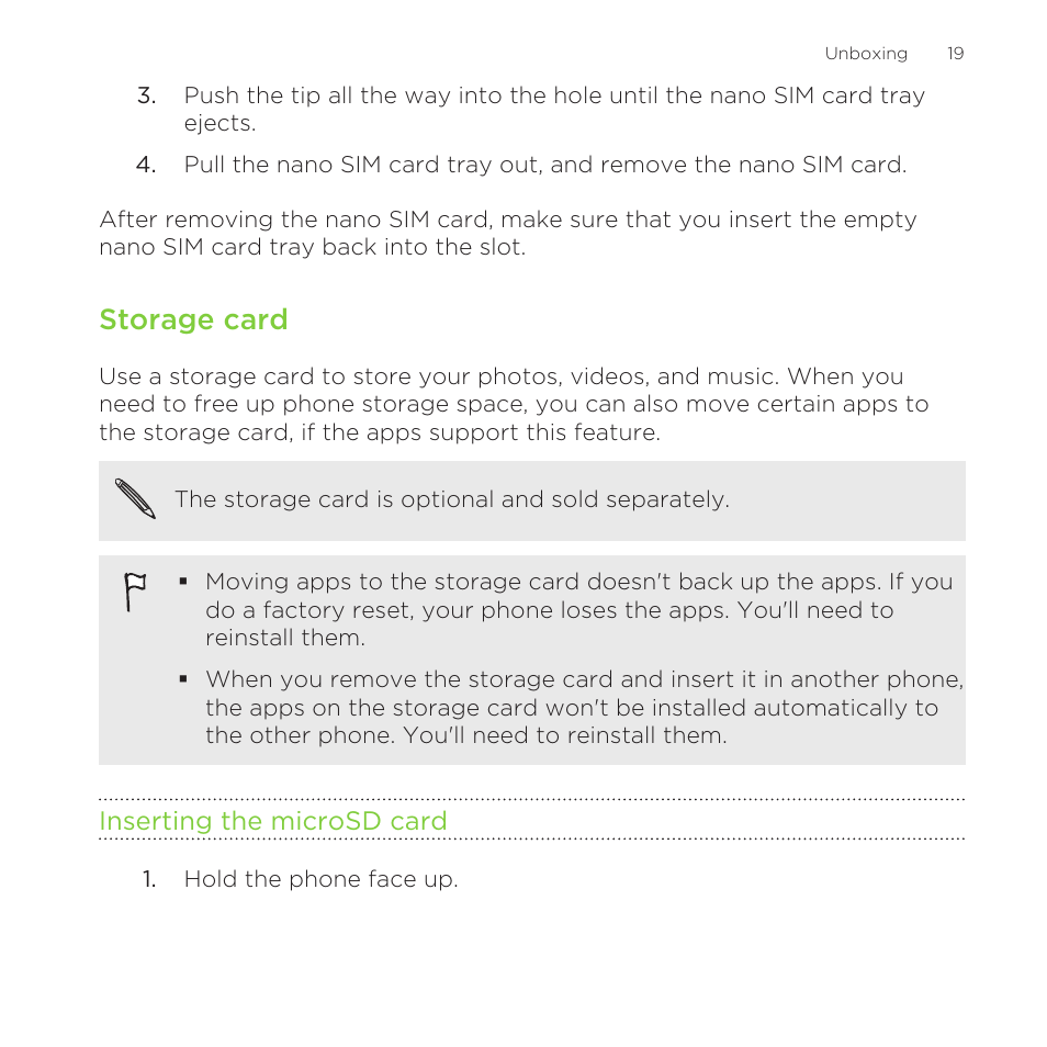 Storage card, Inserting the microsd card | HTC One Remix User Manual | Page 19 / 285
