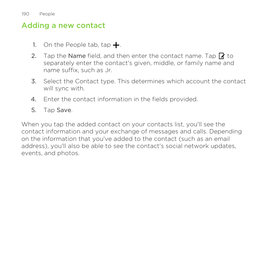Adding a new contact | HTC One Remix User Manual | Page 190 / 285