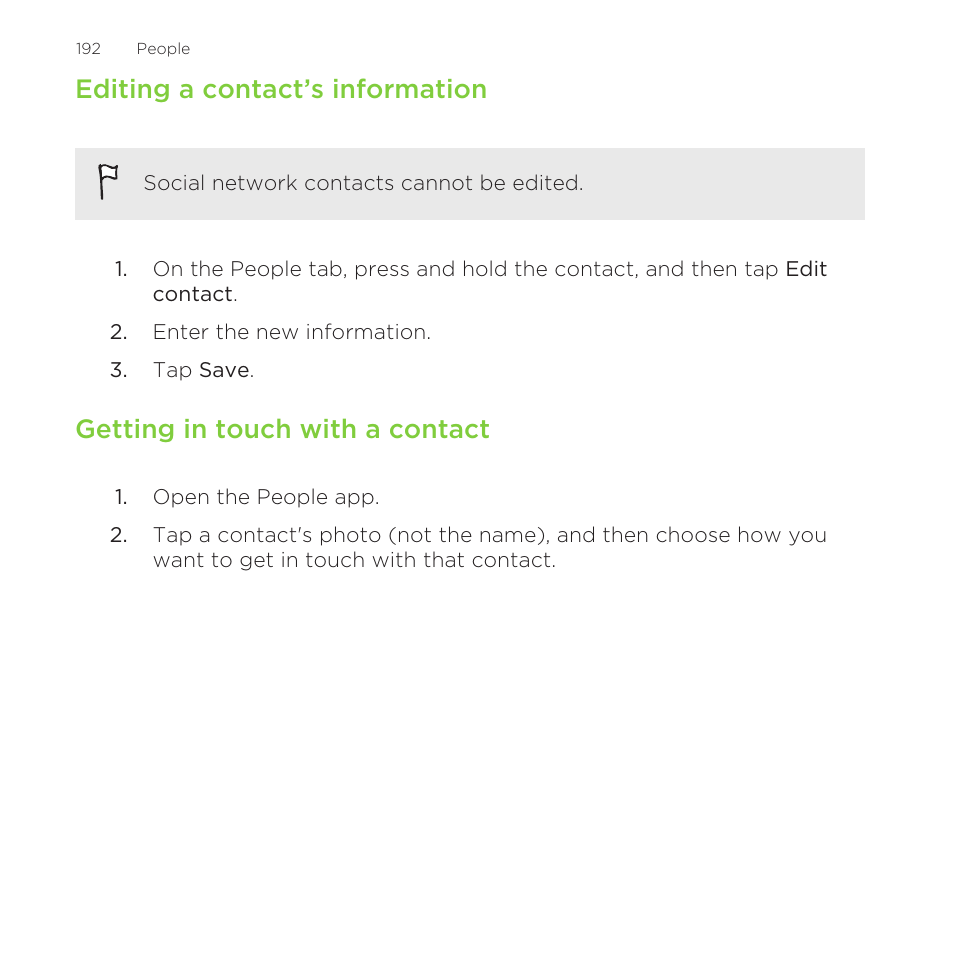 Editing a contact’s information, Getting in touch with a contact | HTC One Remix User Manual | Page 192 / 285