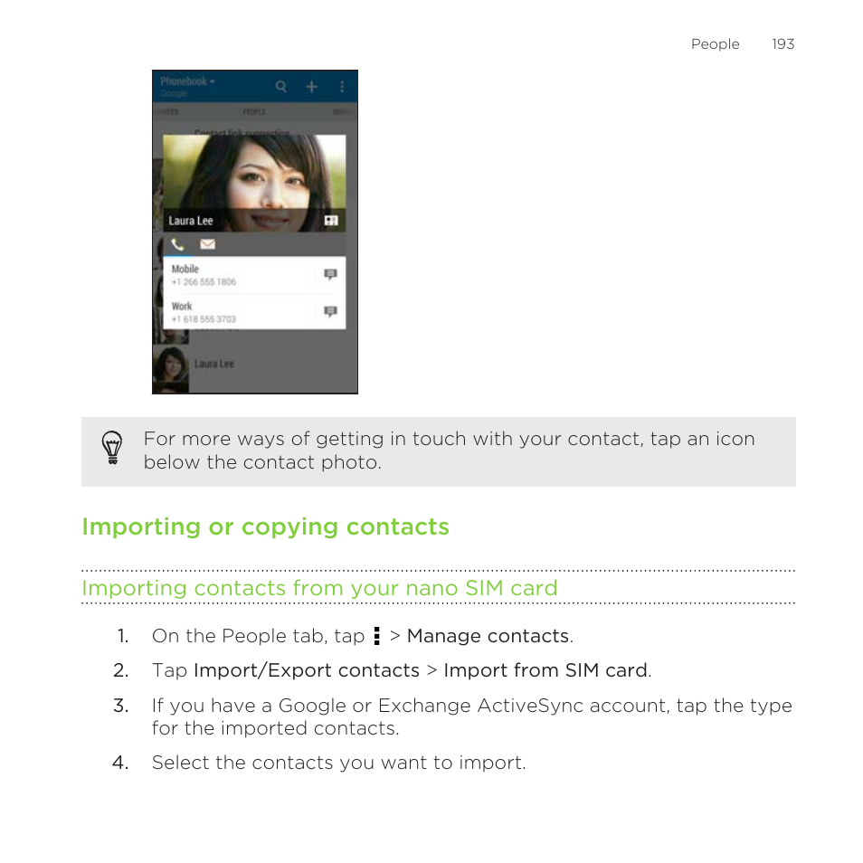 Importing or copying contacts, Importing contacts from your nano sim card | HTC One Remix User Manual | Page 193 / 285