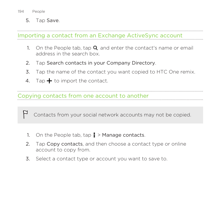 Copying contacts from one account to another | HTC One Remix User Manual | Page 194 / 285