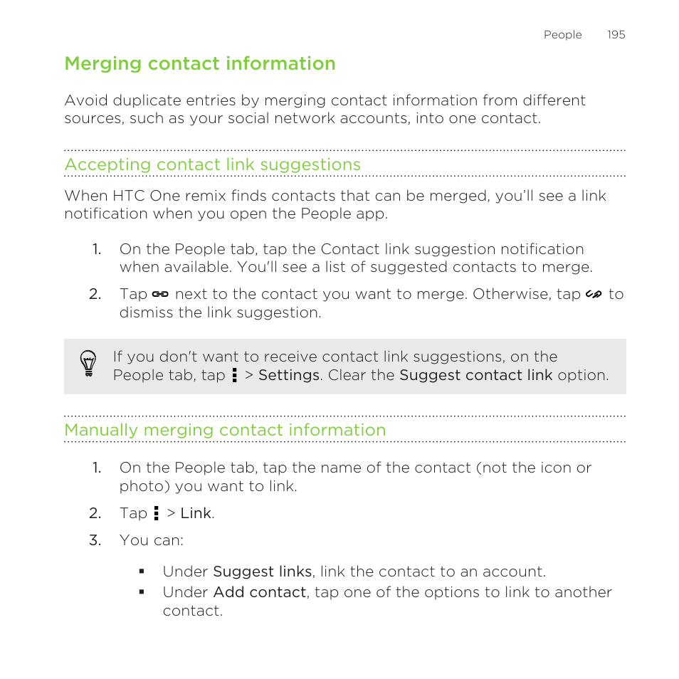 Merging contact information, Accepting contact link suggestions, Manually merging contact information | HTC One Remix User Manual | Page 195 / 285