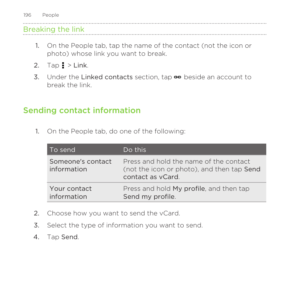 Breaking the link, Sending contact information | HTC One Remix User Manual | Page 196 / 285