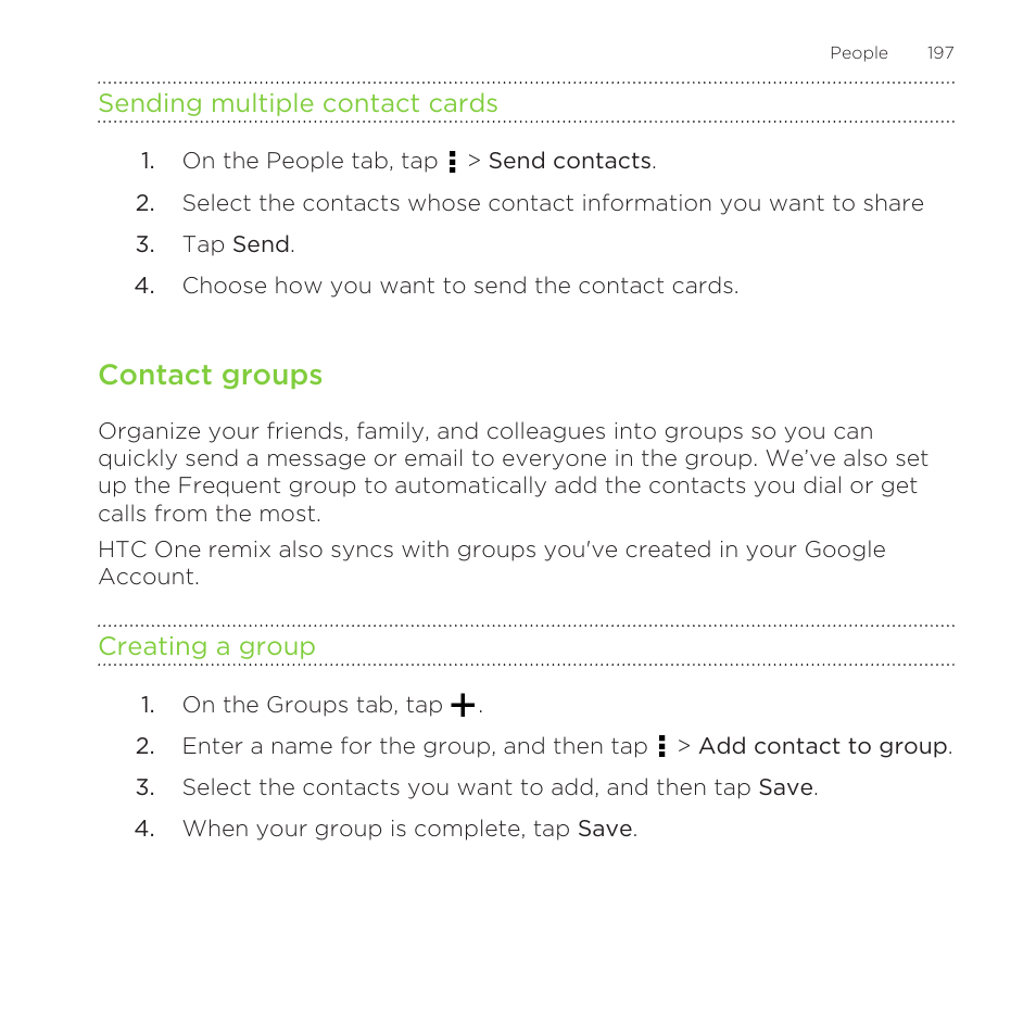 Sending multiple contact cards, Contact groups, Creating a group | HTC One Remix User Manual | Page 197 / 285