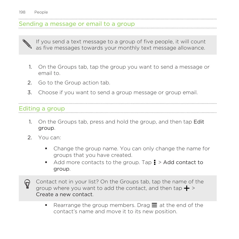 Sending a message or email to a group, Editing a group | HTC One Remix User Manual | Page 198 / 285