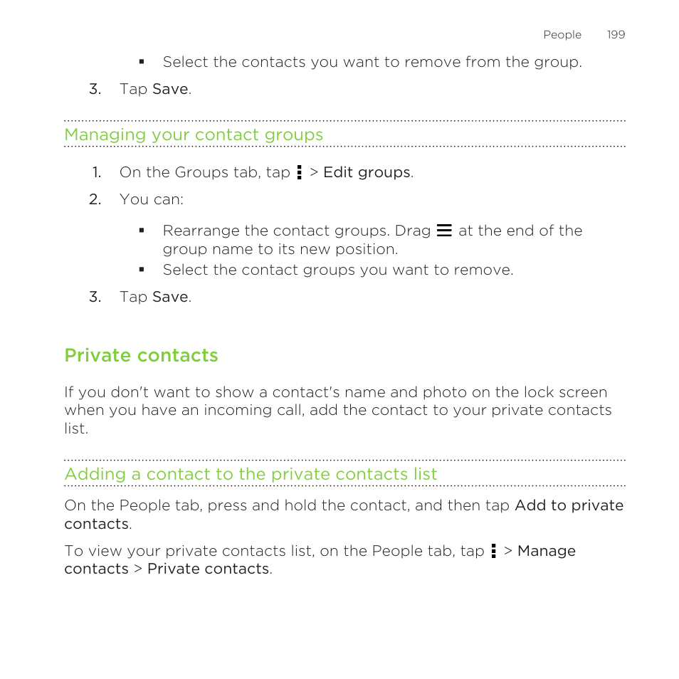 Managing your contact groups, Private contacts, Adding a contact to the private contacts list | HTC One Remix User Manual | Page 199 / 285