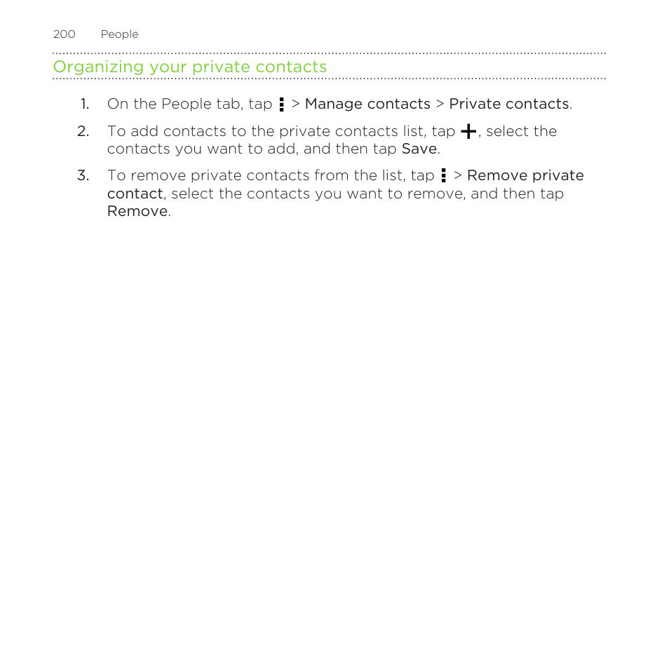 Organizing your private contacts | HTC One Remix User Manual | Page 200 / 285