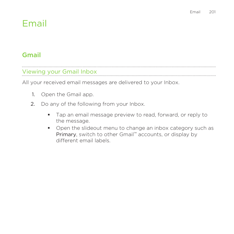 Email, Gmail, Viewing your gmail inbox | HTC One Remix User Manual | Page 201 / 285