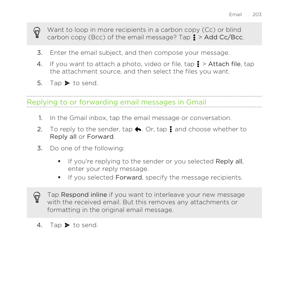 Replying to or forwarding email messages in gmail | HTC One Remix User Manual | Page 203 / 285