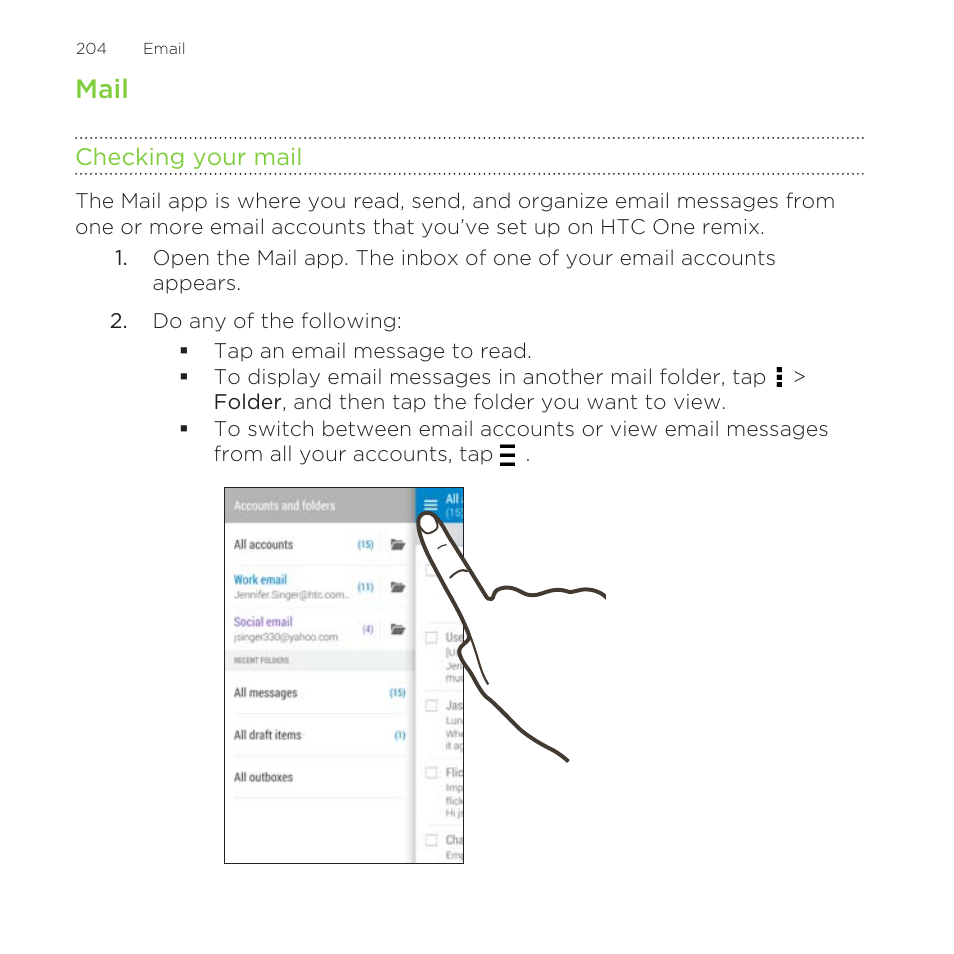 Mail, Checking your mail | HTC One Remix User Manual | Page 204 / 285