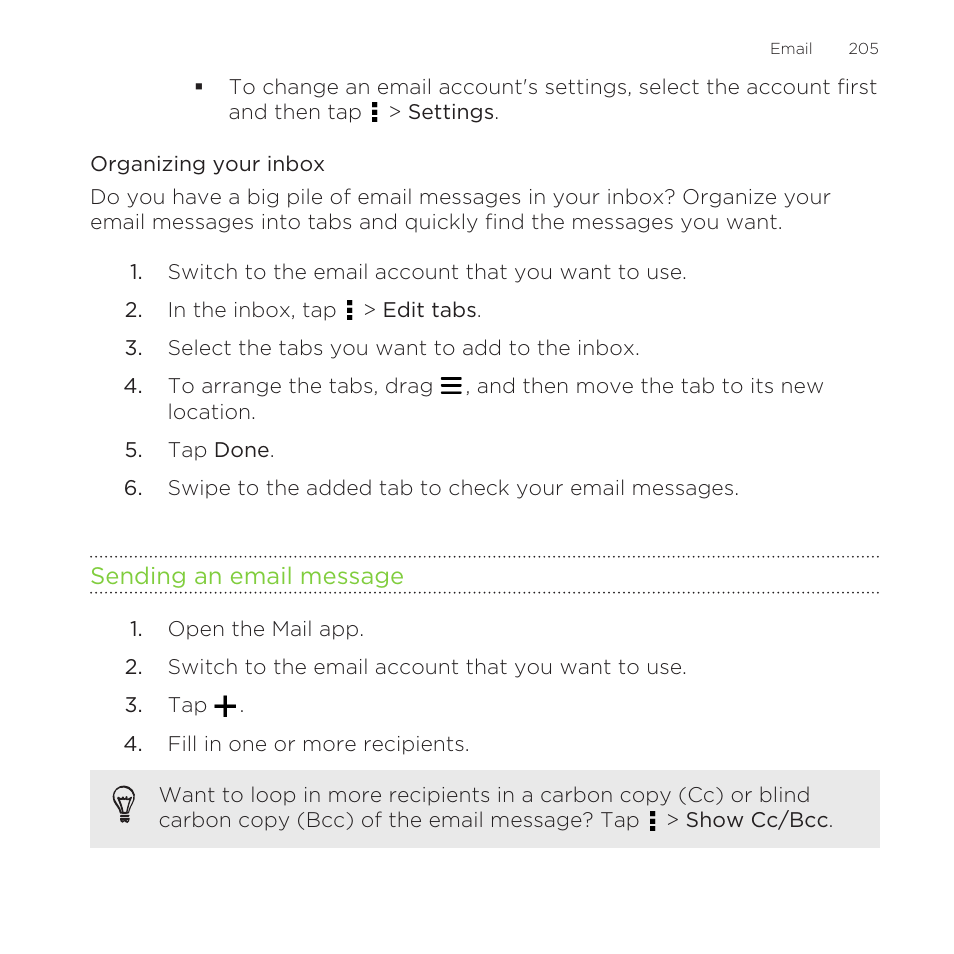 Organizing your inbox, Sending an email message | HTC One Remix User Manual | Page 205 / 285