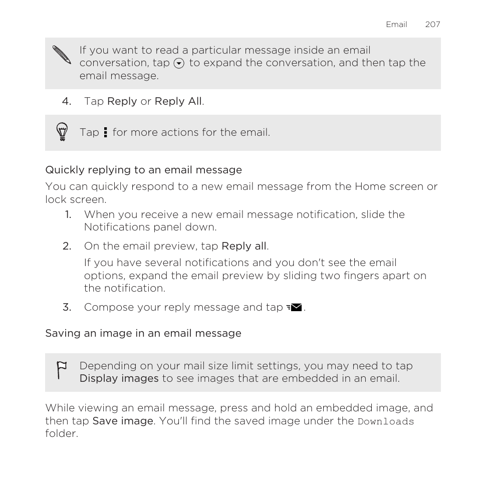 Quickly replying to an email message, Saving an image in an email message | HTC One Remix User Manual | Page 207 / 285