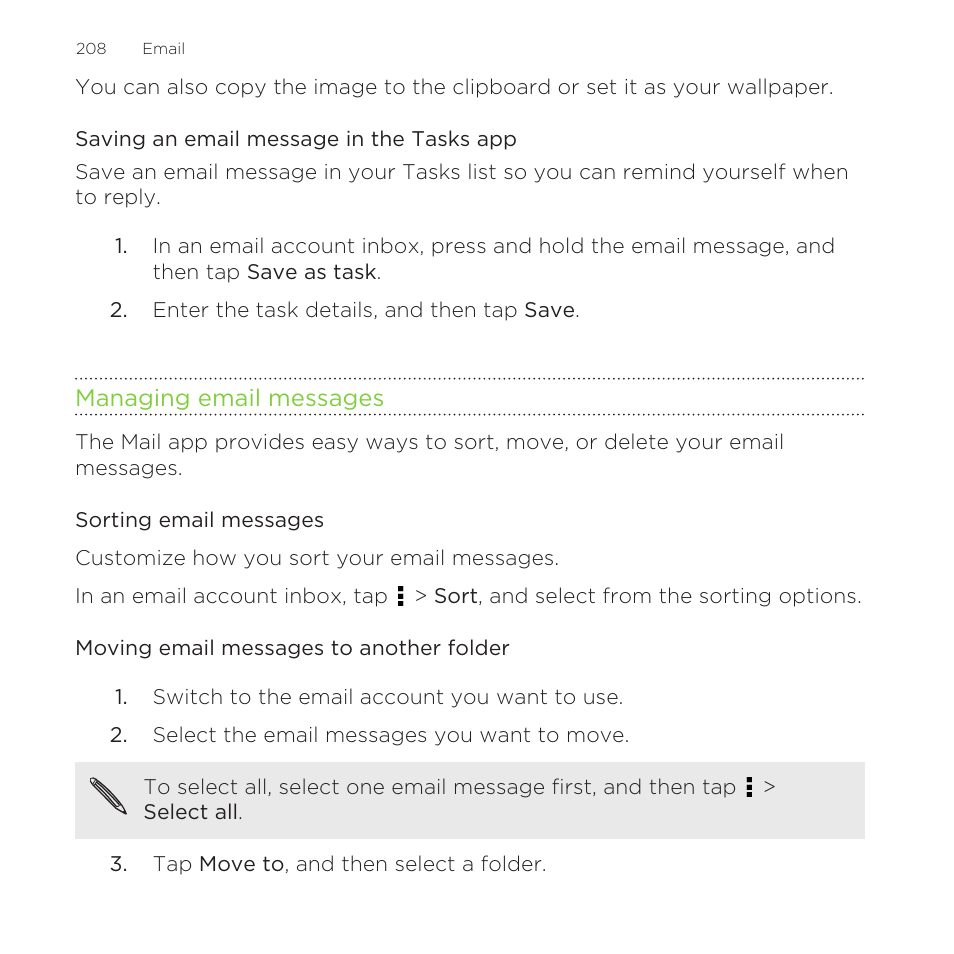 Saving an email message in the tasks app, Managing email messages, Sorting email messages | Moving email messages to another folder | HTC One Remix User Manual | Page 208 / 285