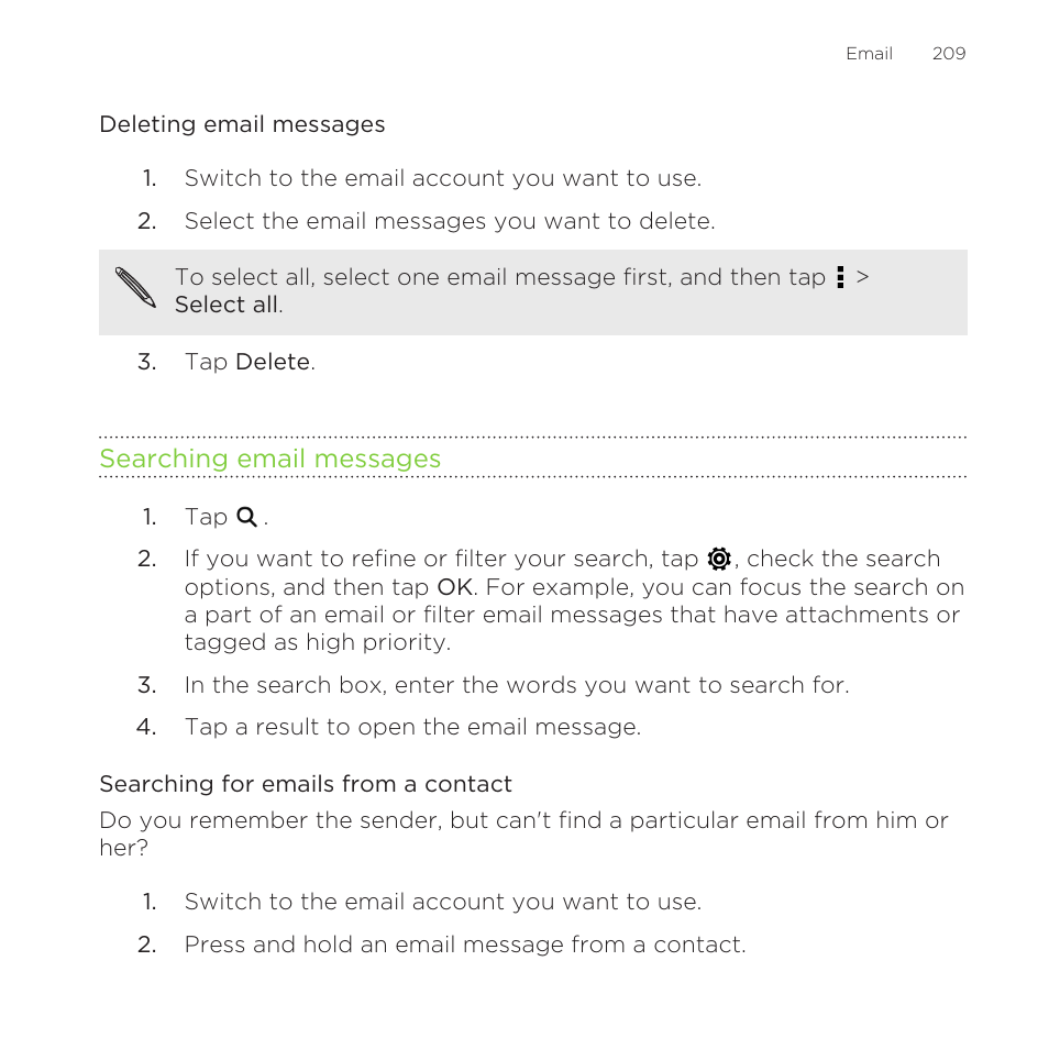 Deleting email messages, Searching email messages, Searching for emails from a contact | HTC One Remix User Manual | Page 209 / 285