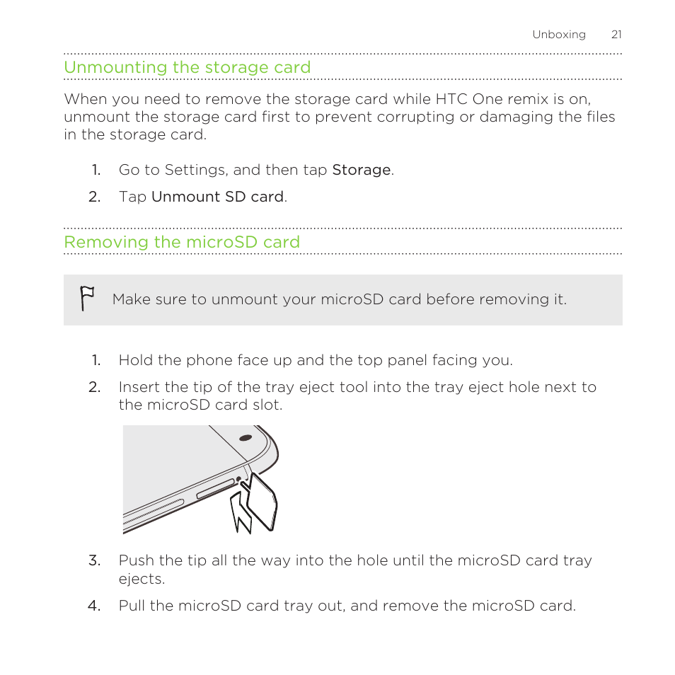 Unmounting the storage card, Removing the microsd card | HTC One Remix User Manual | Page 21 / 285