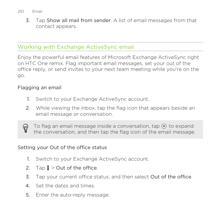 Working with exchange activesync email, Flagging an email, Setting your out of the office status | HTC One Remix User Manual | Page 210 / 285