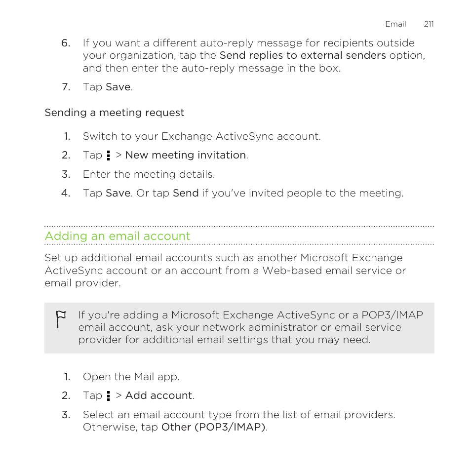 Sending a meeting request, Adding an email account | HTC One Remix User Manual | Page 211 / 285