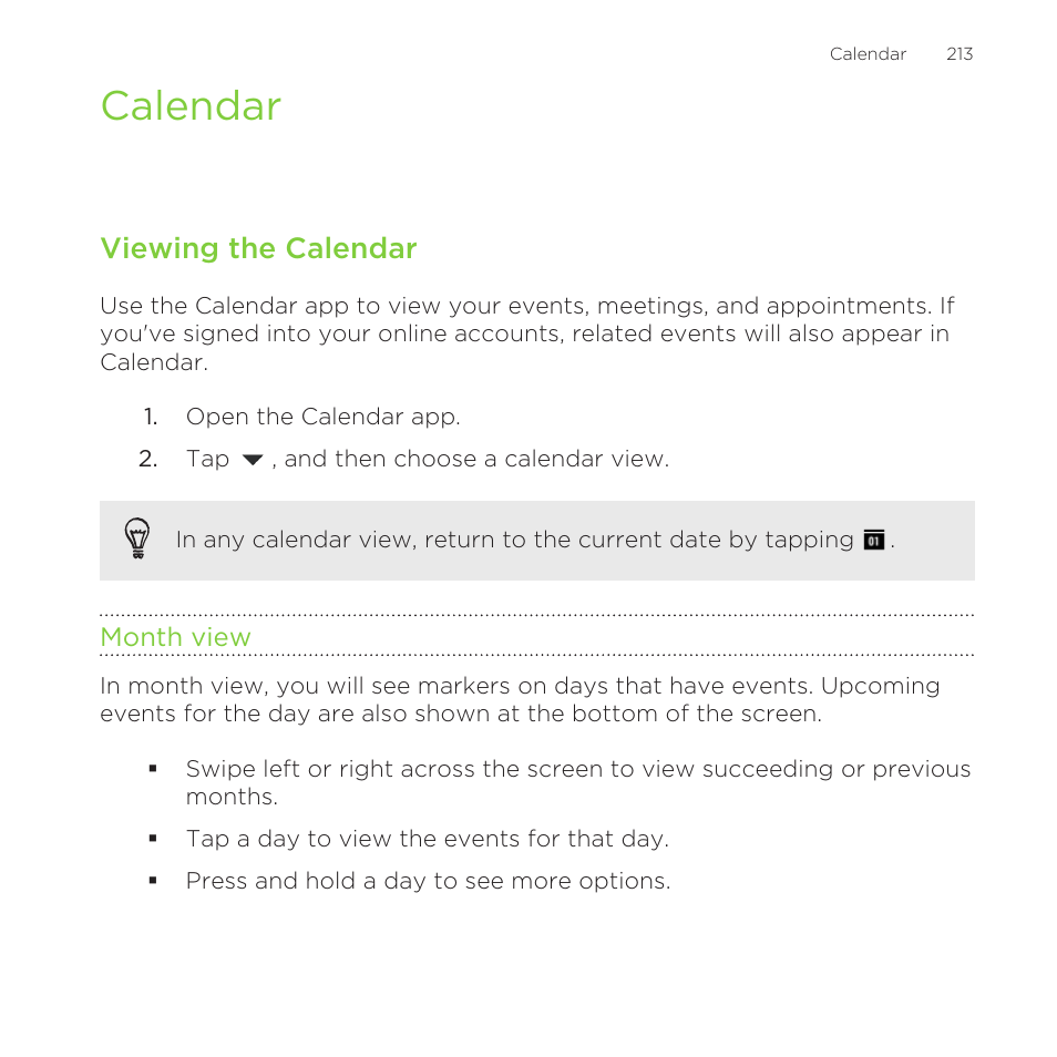 Calendar, Viewing the calendar, Month view | HTC One Remix User Manual | Page 213 / 285