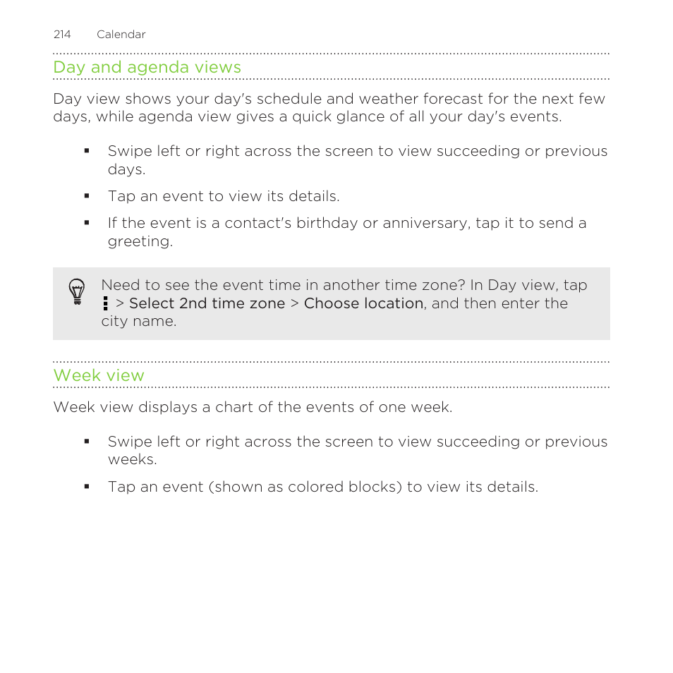 Day and agenda views, Week view | HTC One Remix User Manual | Page 214 / 285