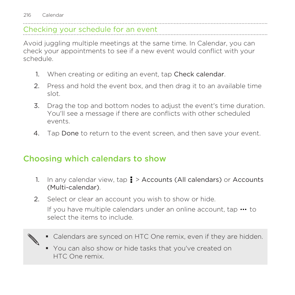Checking your schedule for an event, Choosing which calendars to show | HTC One Remix User Manual | Page 216 / 285