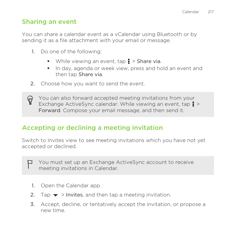 Sharing an event, Accepting or declining a meeting invitation | HTC One Remix User Manual | Page 217 / 285