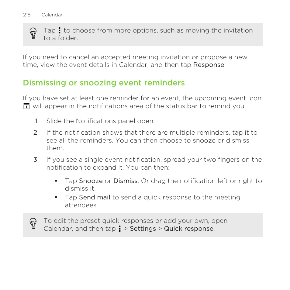 Dismissing or snoozing event reminders | HTC One Remix User Manual | Page 218 / 285