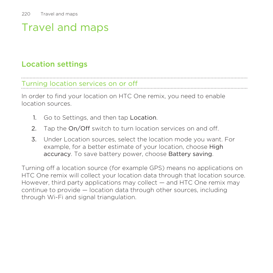 Travel and maps, Location settings, Turning location services on or off | Services, see, Turning location, Services on or off | HTC One Remix User Manual | Page 220 / 285