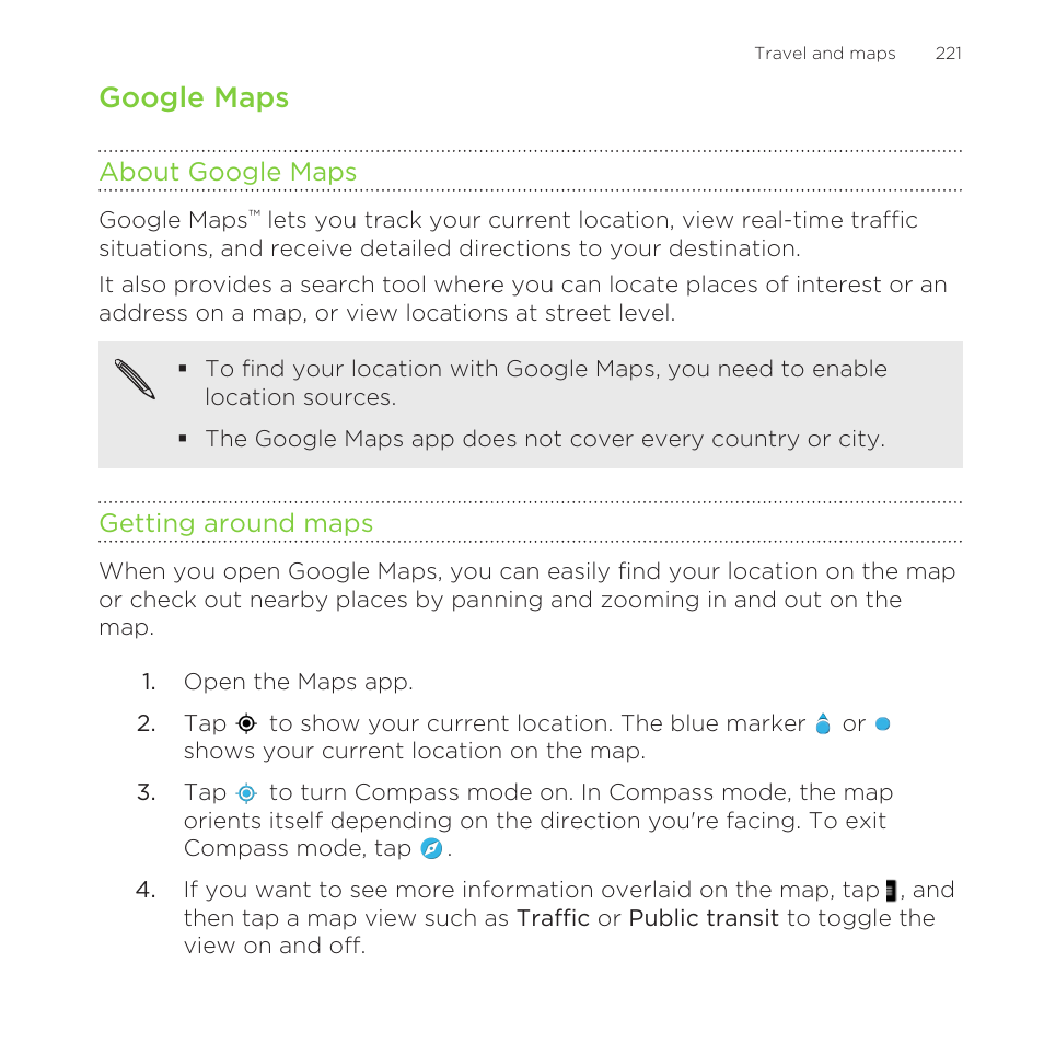 Google maps, About google maps, Getting around maps | HTC One Remix User Manual | Page 221 / 285