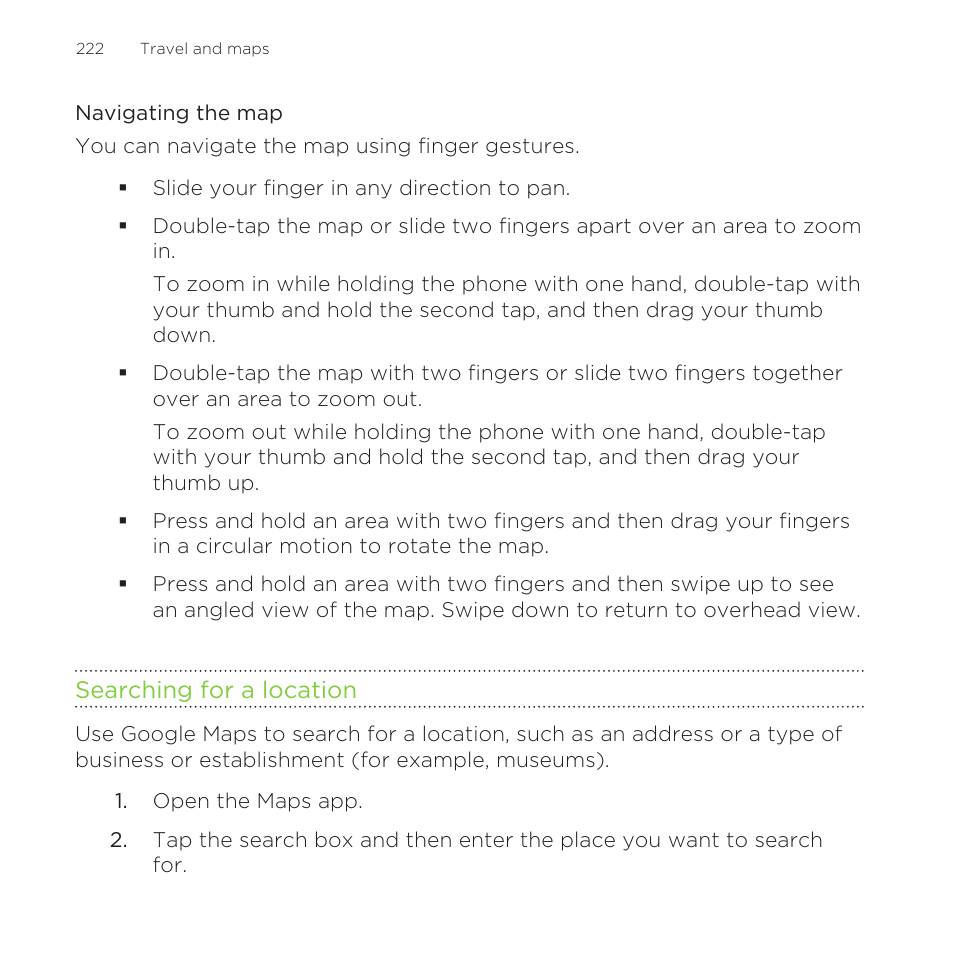 Navigating the map, Searching for a location | HTC One Remix User Manual | Page 222 / 285
