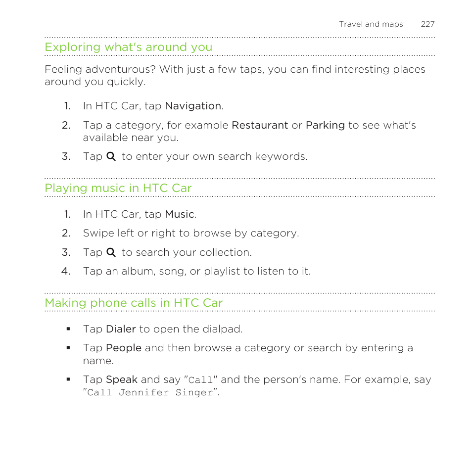 Exploring what's around you, Playing music in htc car, Making phone calls in htc car | HTC One Remix User Manual | Page 227 / 285