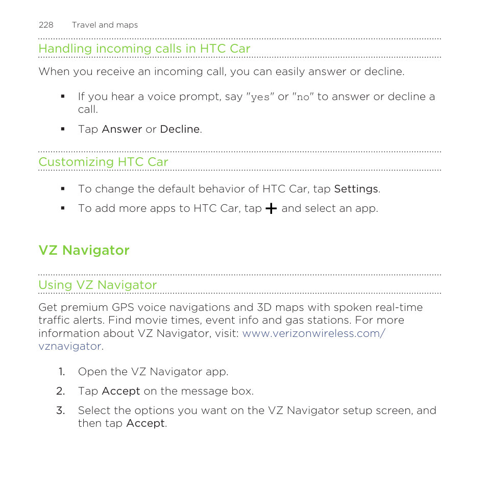 Handling incoming calls in htc car, Customizing htc car, Vz navigator | Using vz navigator | HTC One Remix User Manual | Page 228 / 285