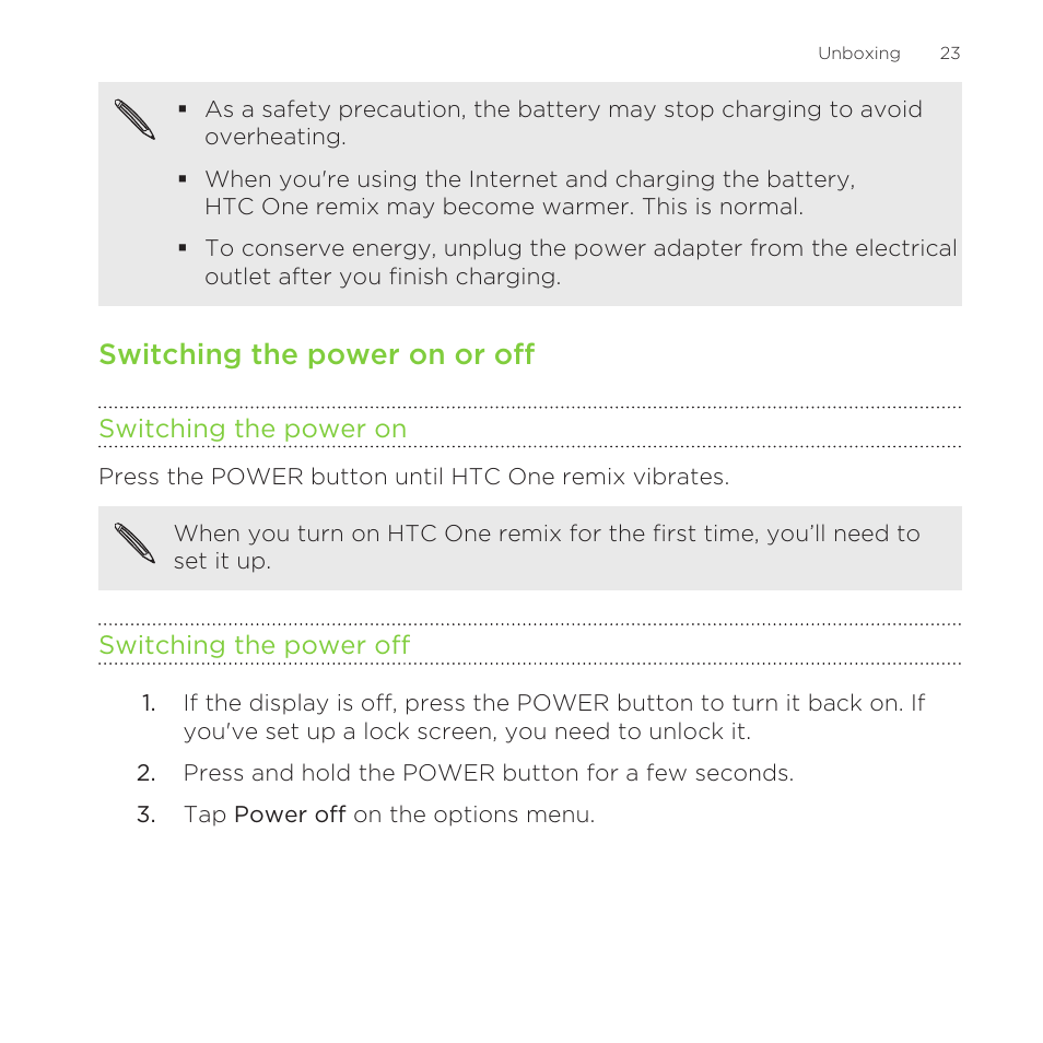 Switching the power on or off, Switching the power on, Switching the power off | HTC One Remix User Manual | Page 23 / 285