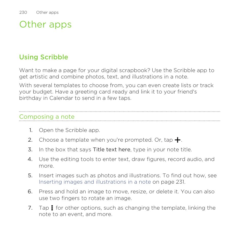 Other apps, Using scribble, Composing a note | HTC One Remix User Manual | Page 230 / 285