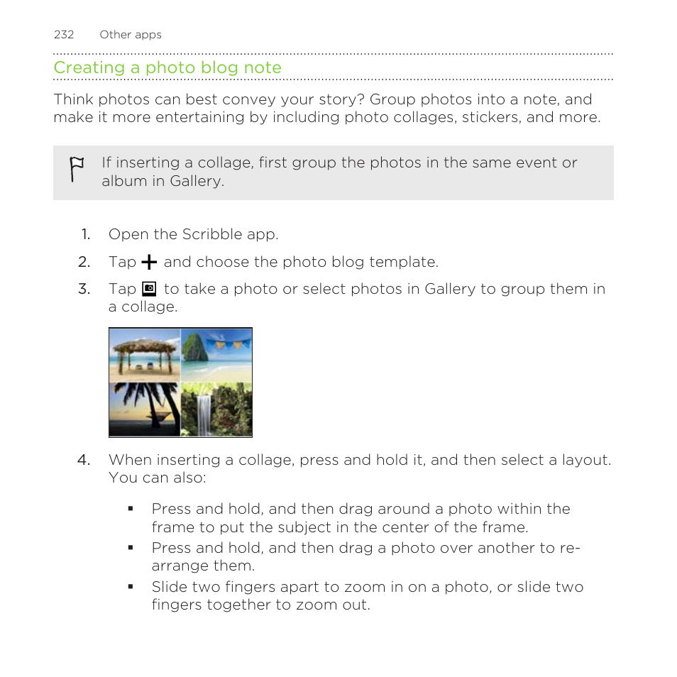 Creating a photo blog note | HTC One Remix User Manual | Page 232 / 285